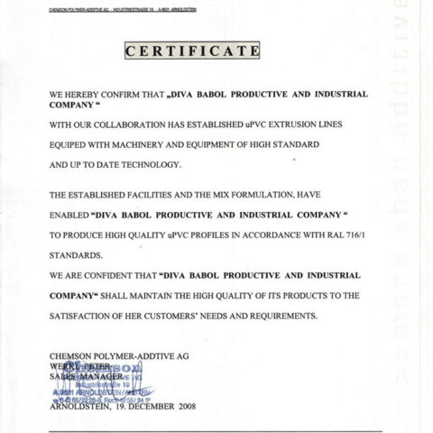 Standard and quality certificate from Chemson company