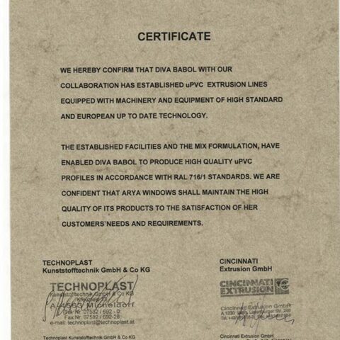 UPVC production certificate from Technoplast company